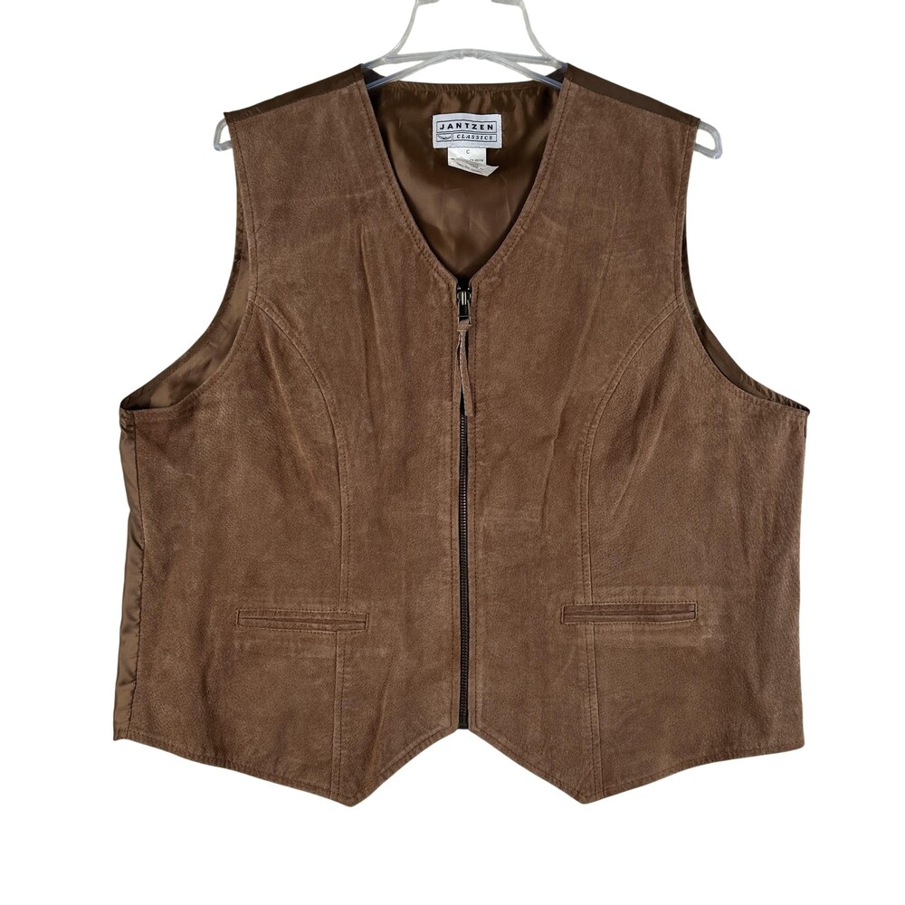 Vintage Jantzen Classics Leather Vest Womens XL Suede Full Zip Lined Cinch Waist